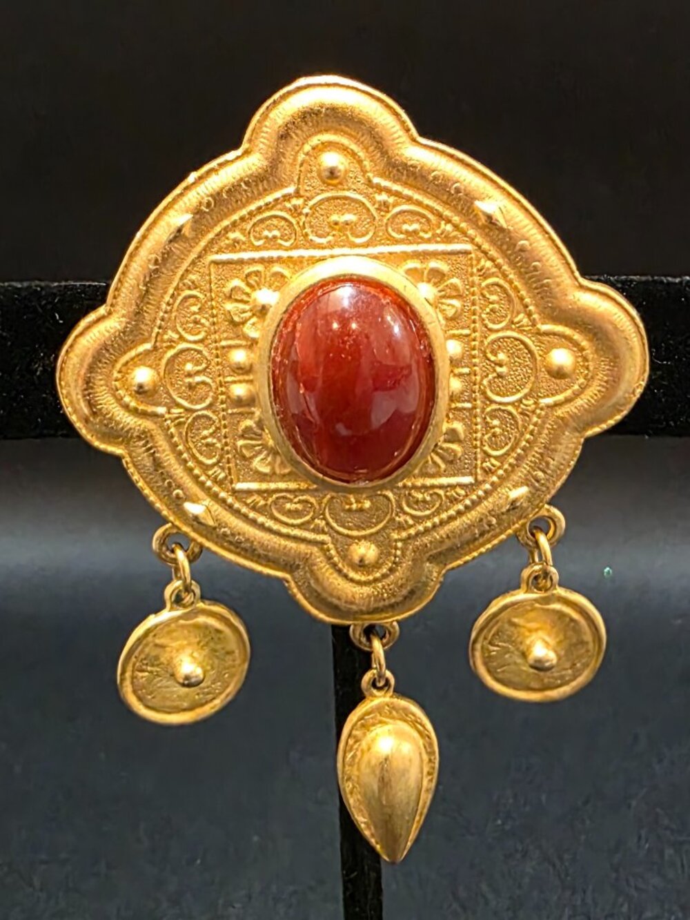 Vintage Scarab Brooch Gold Tone red tinted Carved Stone Egyptian Revival Pin